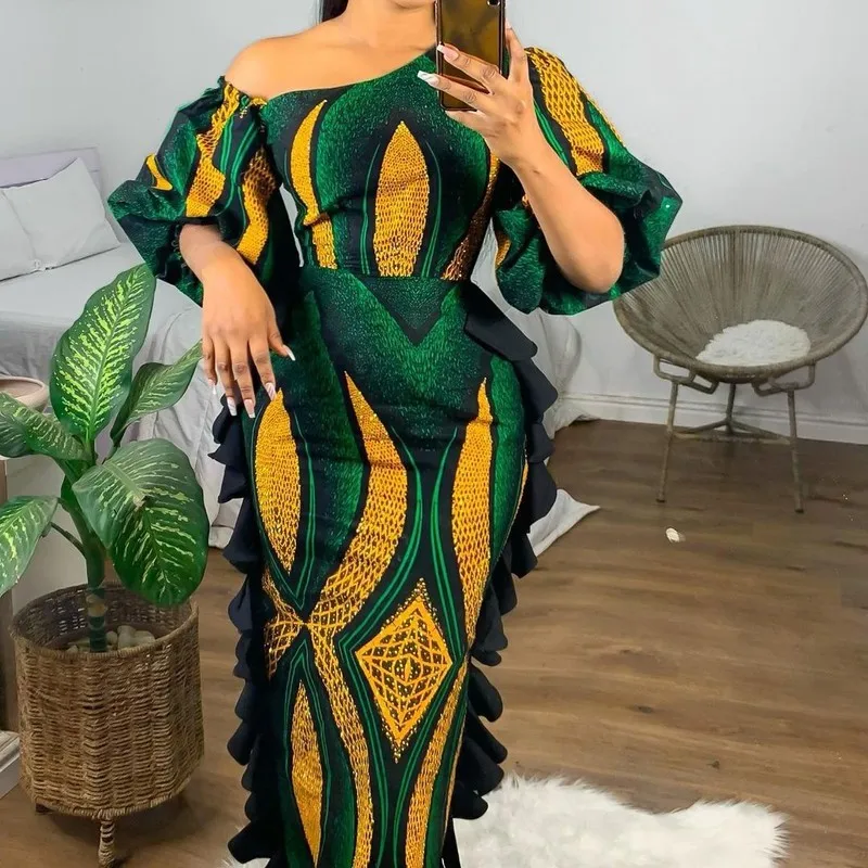 African Dresses for Women Spring Autumn African Women Polyester Lantern Sleeve Half Sleeve Long Dress Maxi Dress Clothes
