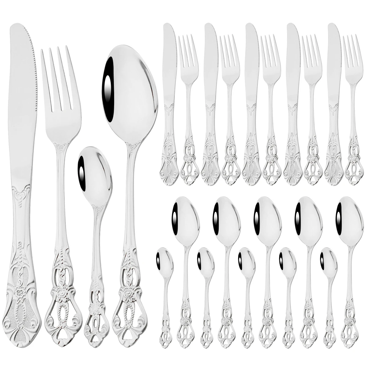 

24Pcs Vintage Dinnerware Set Stainless Steel Cutlery Set Knives Dessert Fork Coffee Spoon Tableware Kitchen Flatware Silverware
