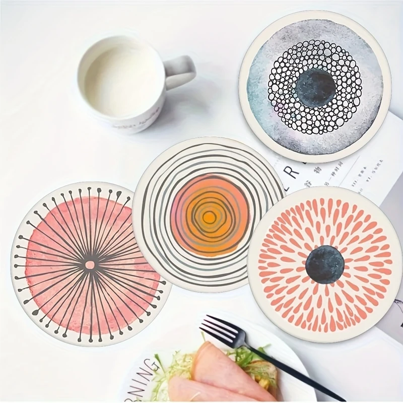 6 pcs 4in Abstract Round Wooden Coasters Heat Resistant Non-slip Drink Cafe Decoration Coasters Set