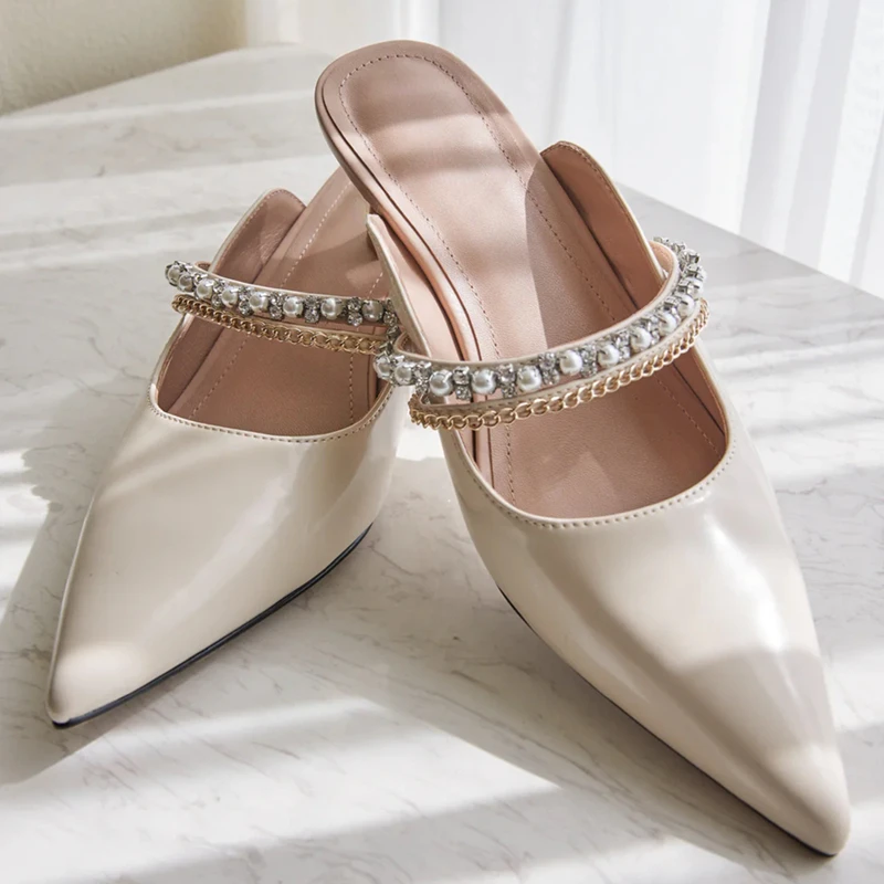 

Pointed Toe Diamond Pearl Ladies Shoes Gold Metal Chain Slippers Women Spring Summer Baotou Zapatos Mujer Feminino Flip Flops