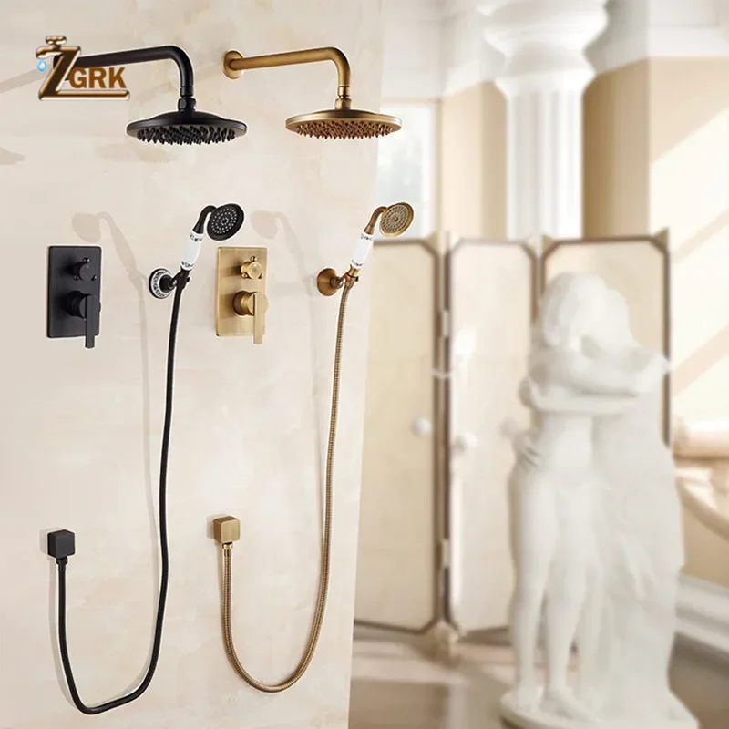 ZGRK Concealed Bathroom Shower Faucet Wall Mount Bath Shower Mixer Tap Brass Antique 8" Rainfall with Handshower Set