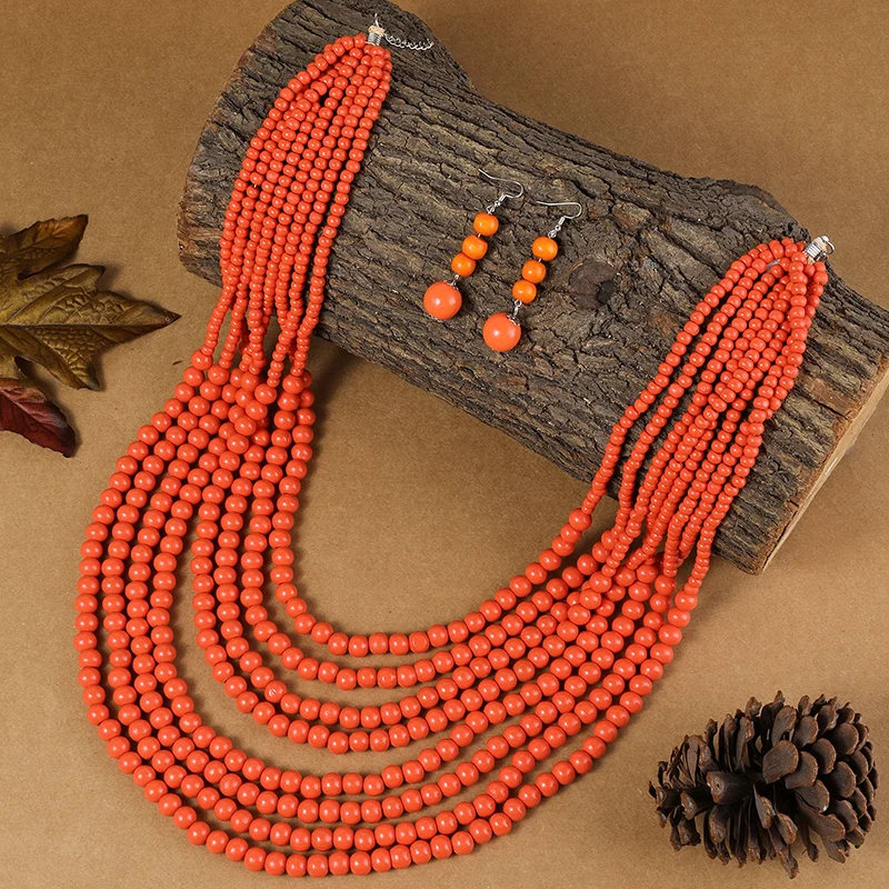 1SET Afrikanischen Stil Multi-Schicht Holz Perlen Schmuck-Set Halsketten Bunte Böhmische Halskette Ohrringe Set Partei Schmuck – Detail 3