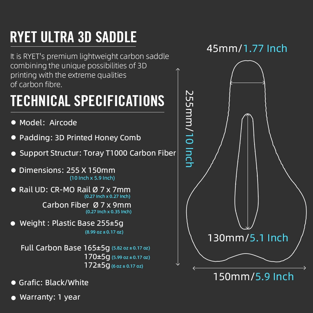 Bicycle Saddle RYET 3D Printed Bike Saddle Carbon Fiber Ultralight Hollow Comfortable Breathable MTB