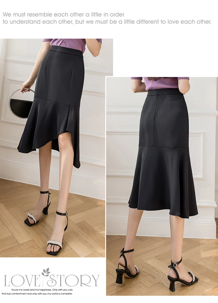 Ailegogo High Waist Women Solid Color Black Knee-length Skirts Spring Summer Casual Female Ruffles Asymmetrical Ladies Skirt summer skirts