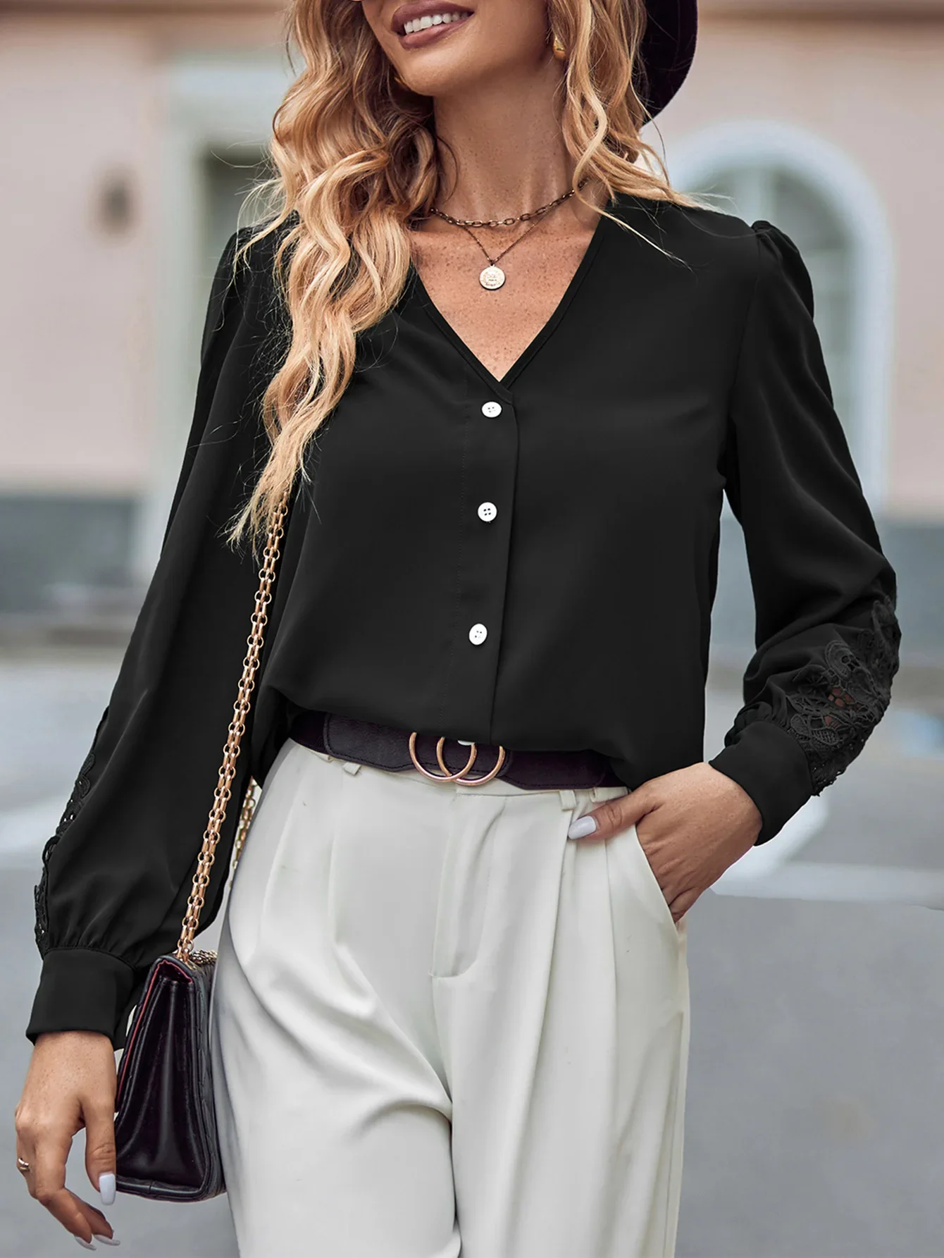 

Spring Autumn New Simple Solid Color Women Long Sleeved Shirt Fashion V-neck Single Breasted Female Blouse