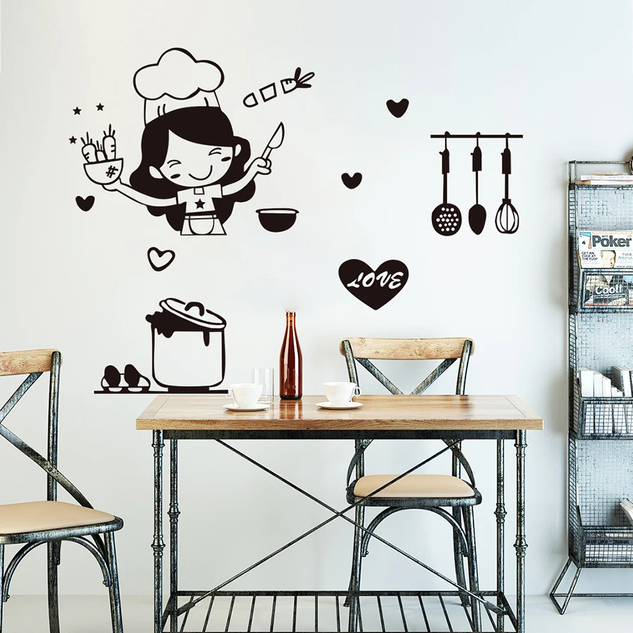 Happy Girl Chef Wandsticker, Kochthema-Dekoration für Restaurant, Bar, Küche, Esszimmer, Kühlschrank, Lichtschalter, DIY-Kunst, Heimdekoration – Detail 3