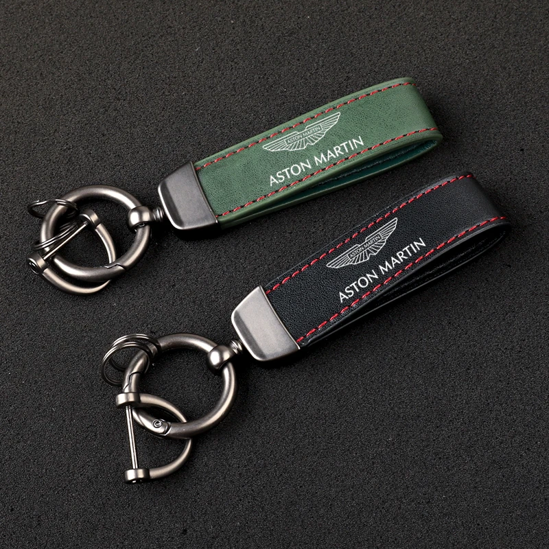 Aston Martin Premium Lederen Sleutelhanger - Detailopname van het gevlochten leder en de metalen ring
