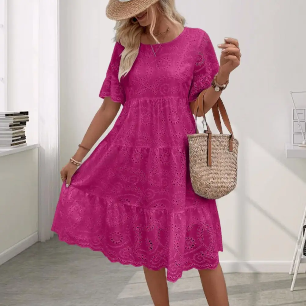 Summer Women Dress Hollow Out Short Horn Sleeves Dress A-line Pleated  Patchwork Big Swing Embroidery Vacation Beach Midi Dress - AliExpress  200000345