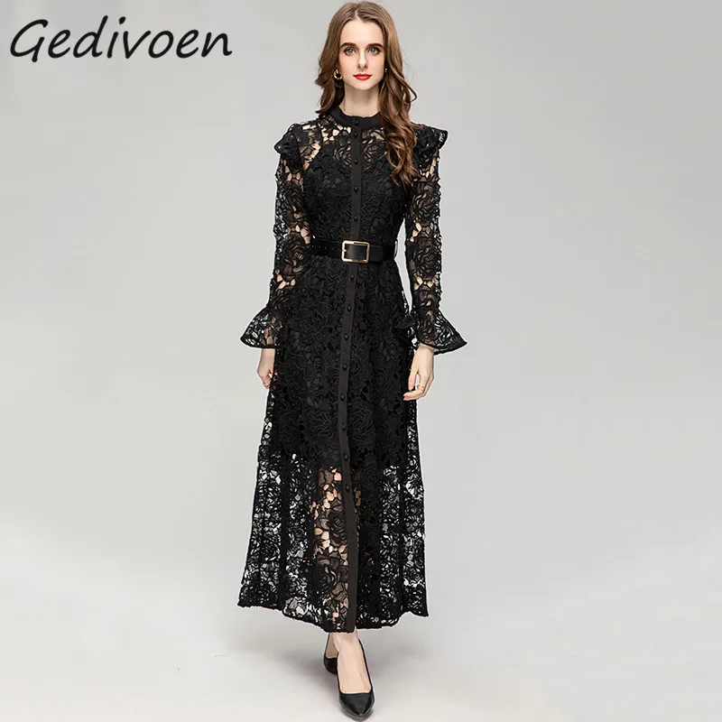 

Gedivoen Fashion Designer Summer Hollow Out Long Dress Women's O-Neck Long Sleeve Single Breasted Sashes Vintage Black Dress