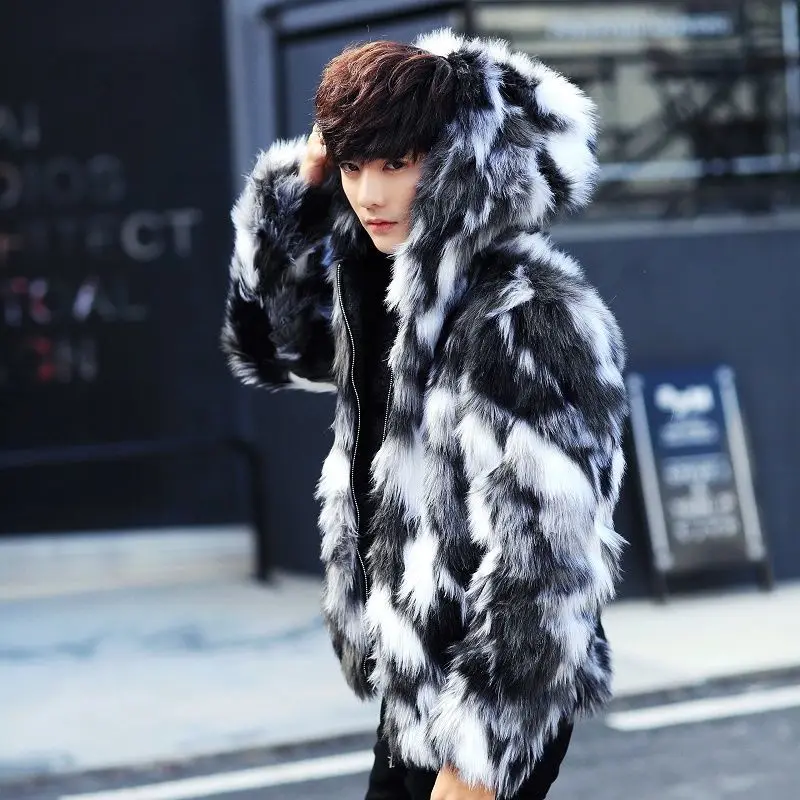 2024 Winter Warm Plus Fleece Faux Fur Fox Fur Casual Mens Hooded Jacket Thick Boutique Fashionable Male Slim Coats Size 5XL New