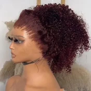 Deep Curly Short Bob Blunt Cut 99J Red Burgundy Color 13X4 Lace Frontal Wigs Synthetic Wig Prepluck Bleach Knots Glueless Wig