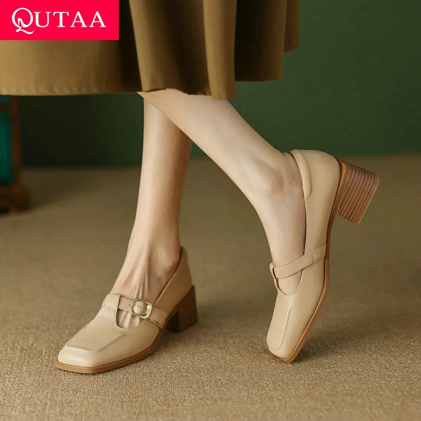 

QUTAA/2024 женские туфли-лодочки; Сезон весна-осень; Обувь из натуральной кожи с квадратным носком; Женские офисные туфли на низком каблуке; Размеры 34-40