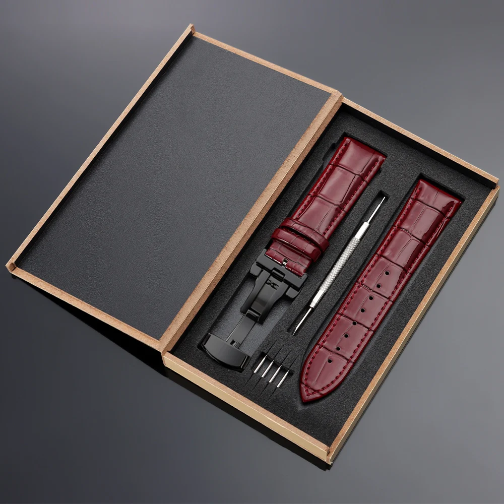 Vintage Leather Watch Band with Wooden Box and Butterfly Clasp