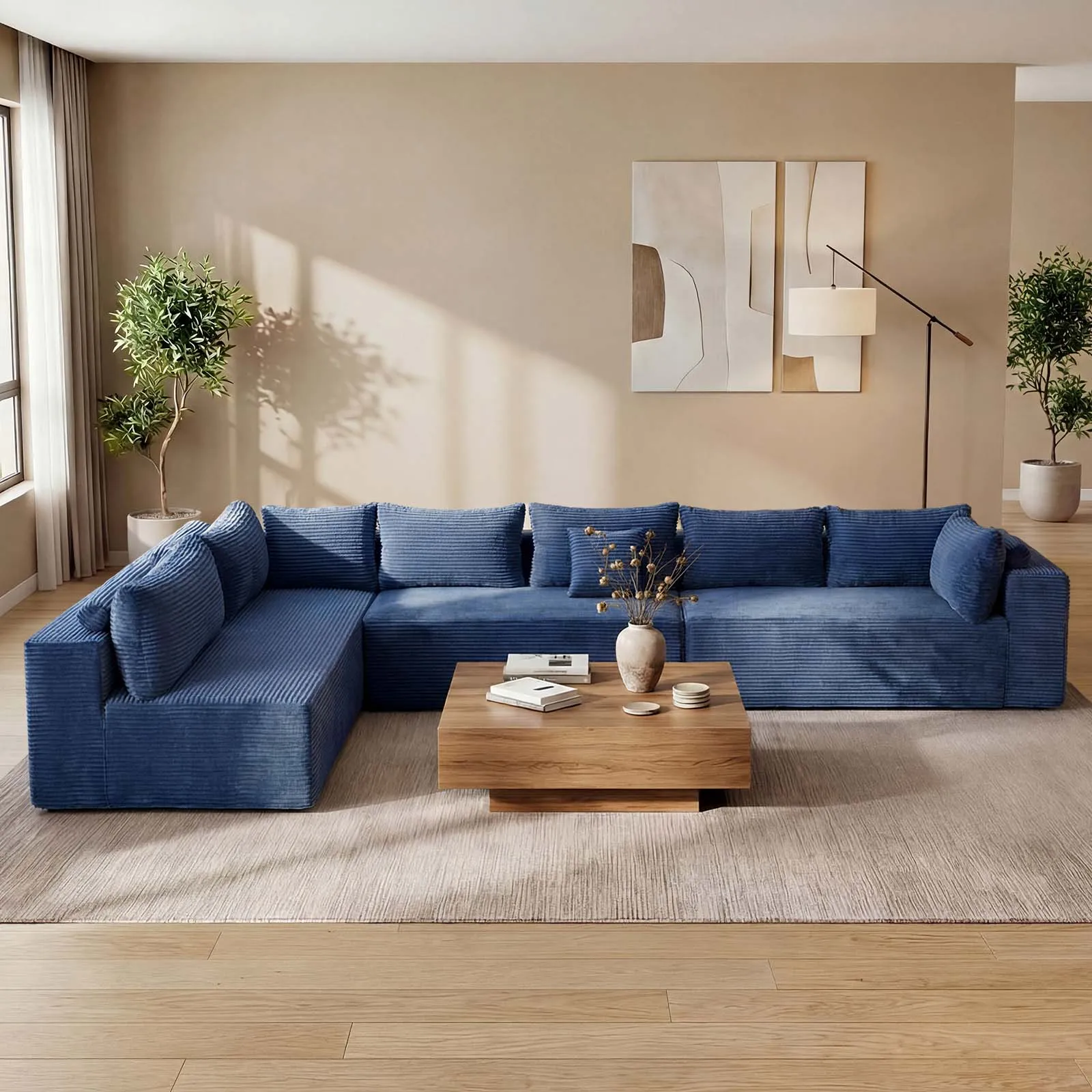 Redlife 165" Boneless Couch with Ottoman, 6 Seat Modular Sectional Sofa,Blue Corduroy Upholstery,28" Deep Seat,Removable Covers 1