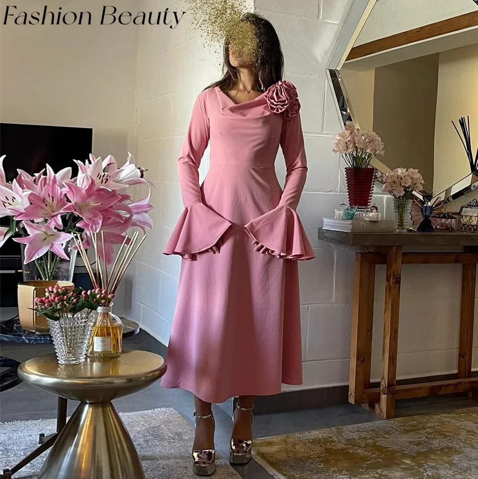 

Fashion Beauty Summer Pink Evening Dresses Flare Sleeves Roses Tea-Length Party Elegant Dress For Women 2024 vestidos de noche