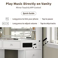 Corner Vanity Desk with Speaker 8 Drawers and 6 Shelves Modern Vanity with Mirror and Lights Makeup Vanity with Glass Top 3 Col 6