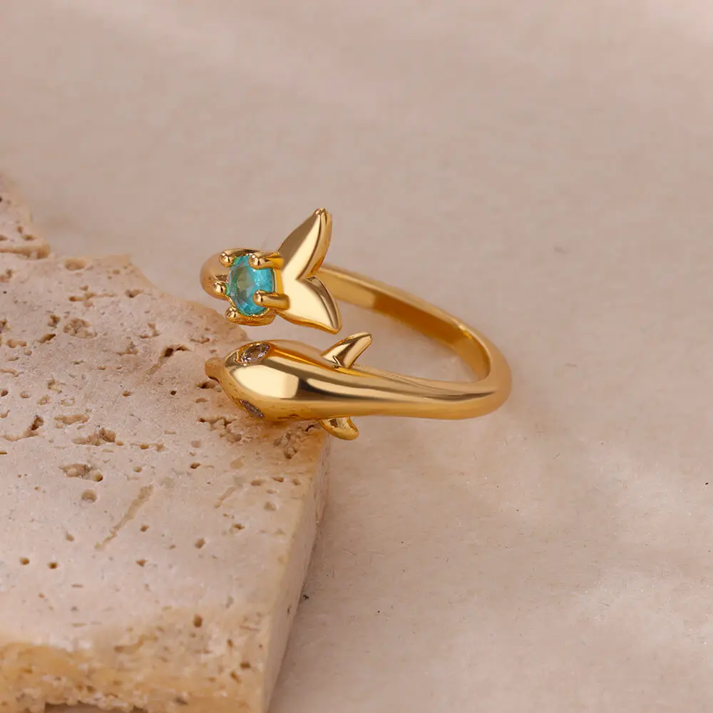 Stainless Steel Dolphin Zircon Open Rings For Women Gold Color