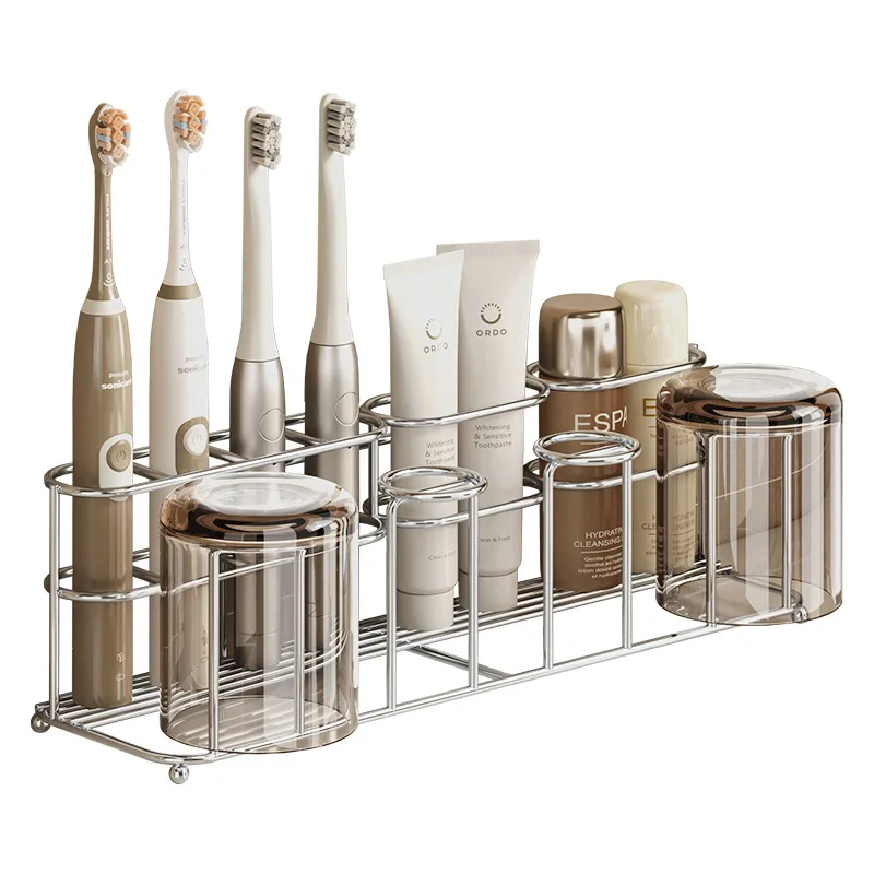 Stainless Steel Toothbrush Storage No Drilling Bathroom Wall Mounted Toothpaste Rack Wall Mounted Mouthwash Cup Storage Rack