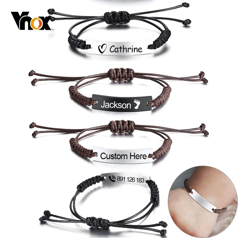 Stainless Steel Bracelet Fashion Bracelet Fashion Jewelry Anti Lost Wristband Vnox Handmade Braided Rope Bracelets for Boys Kids Stainless Steel ID Bar Bangle Children Anti Lost Jewelry Personalize Name