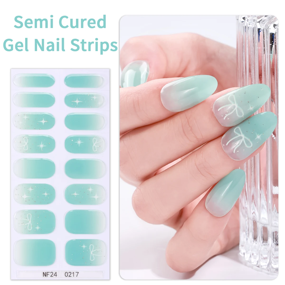 French Cherry Semi-Cured Gel Nail Wraps 16Tips Summer Bow star Full Cover UV Lamp Gel Nail Sticker Long-Lasting Strips