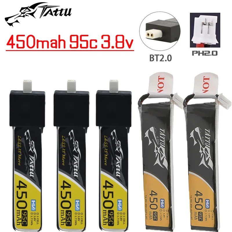 

TATTU 450mAh 95C 3.8V Lipo Battery For RC Helicopter Quadcopter FPV Racing Drone Parts 1S Battery With PH2.0/BT2.0 Plug