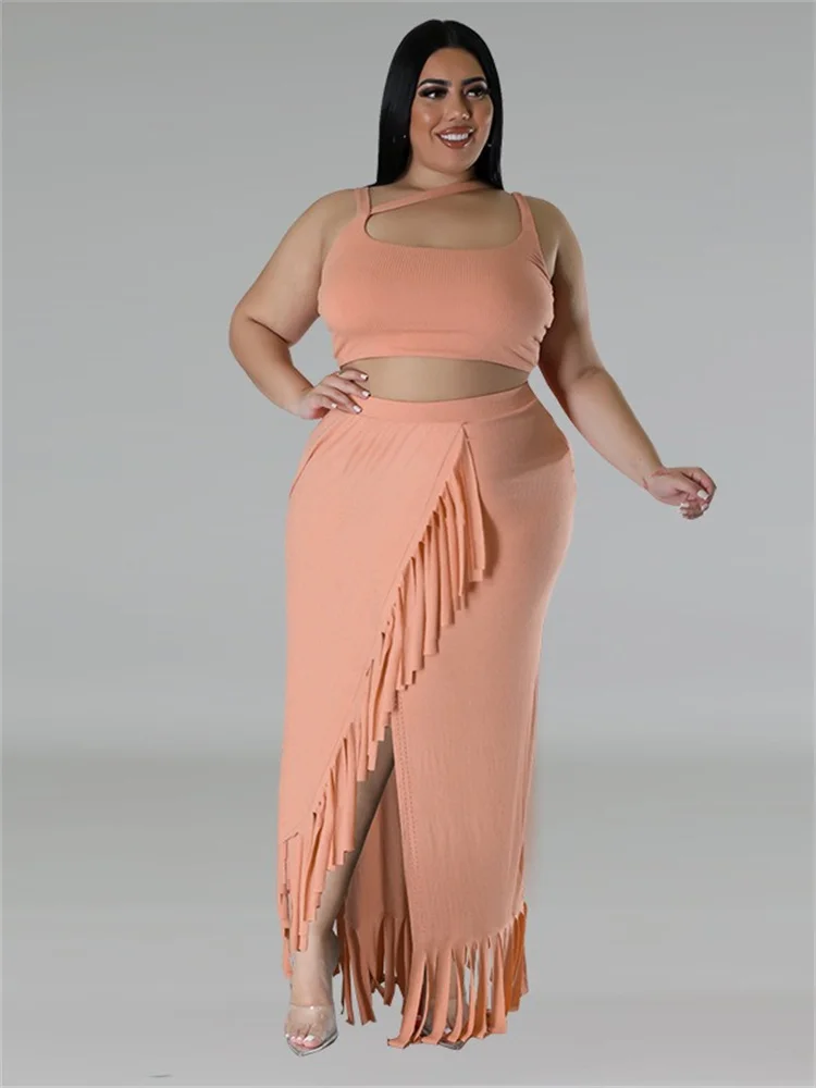 Wmstar Plus Size Two Piece Set Women Summer Sexy Crop Top Long Skirt Sets Tassel Casual Matching Suit Wholesale Drop Shipping