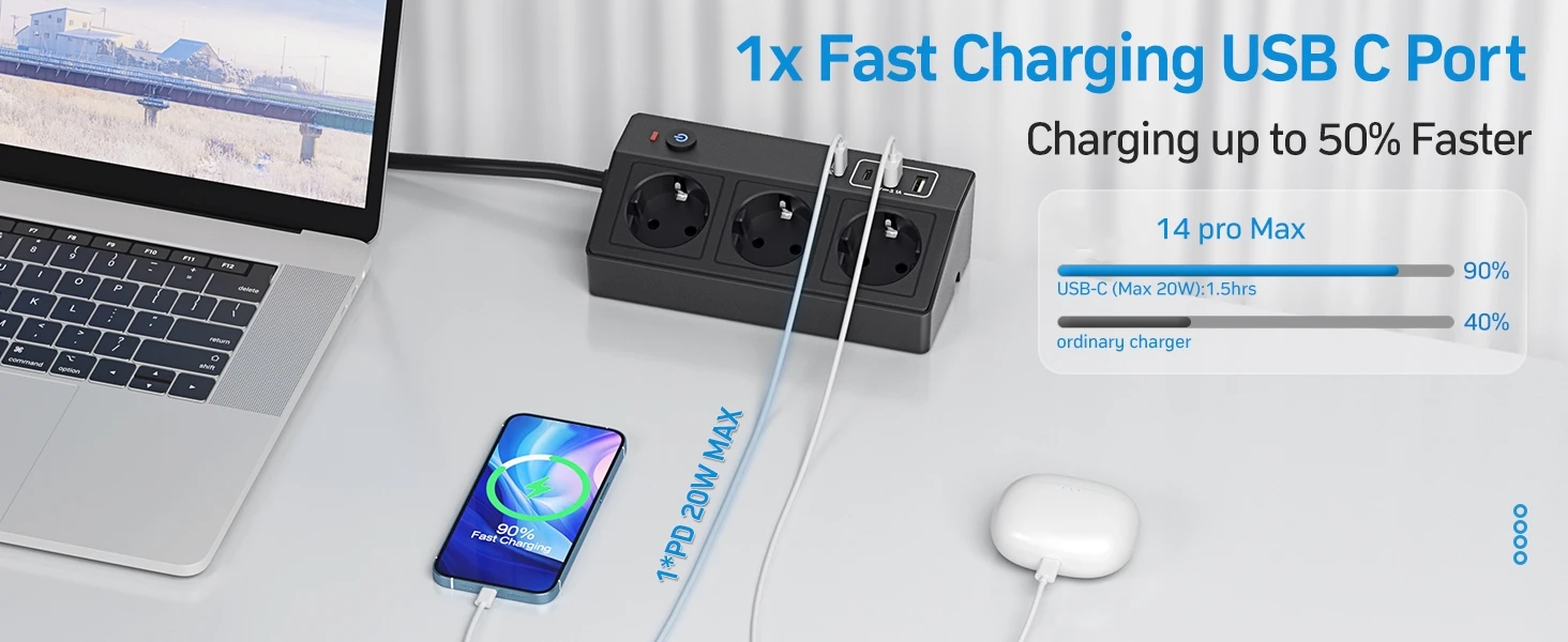 Description Picture 2 of itemEuro specification desktop USB-C PD 20W socket with 3 sockets and 4 USB ports, 2 meter cable for home offices