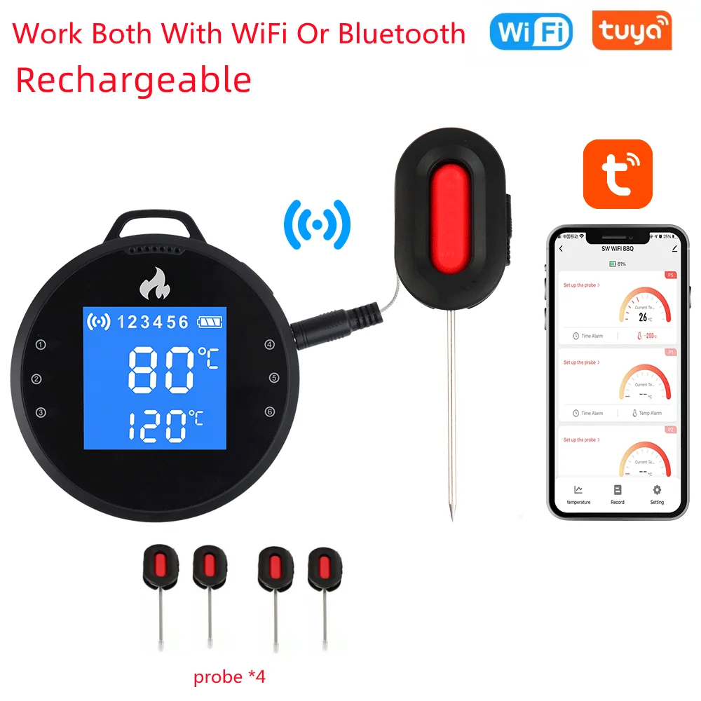 Bbq Rechargeable Smart Wi-Fi&Bluetooth 4/6 Probes Food Thermometer