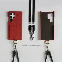 Multifunctional Leather Charging Cable Lanyard with Card Slot and Crossbody Strap - iPhone 12 (Red Black Strap)