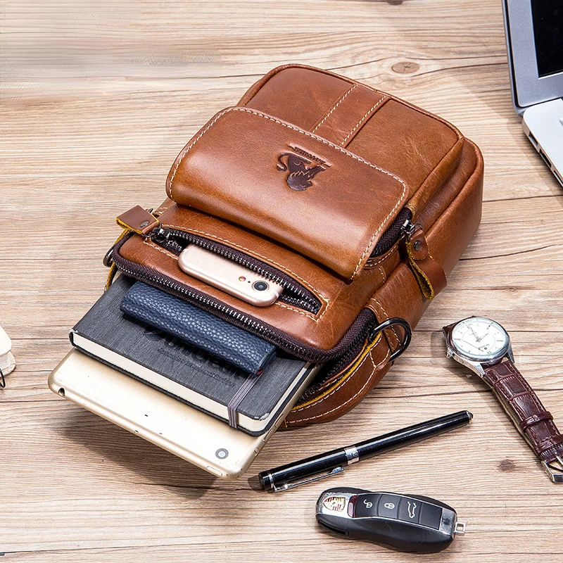 Male Cowhide Single Shoulder Crossbody Bag First Layer Cowhide Casual Retro Vertical Multi-functional Fashion Brown Black Bag