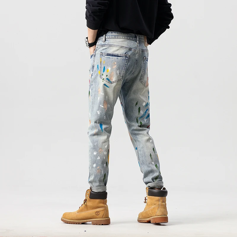 Light luxury fashion brand graffiti men's jeans high-end trend slim straight trousers retro personality casual jeans