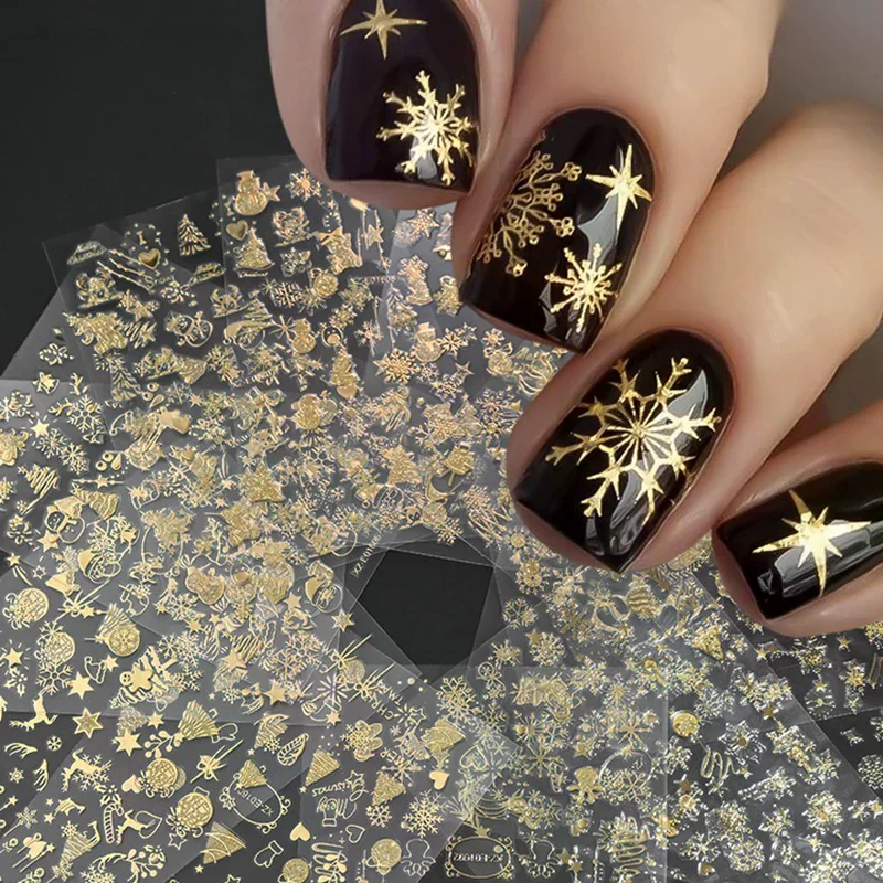 1Sheet Gold 3D Sparkling Christmas Nail Foil Stickers Snowflake Christmas Tree Snow Globe Nail Sliders for Manicure Decor