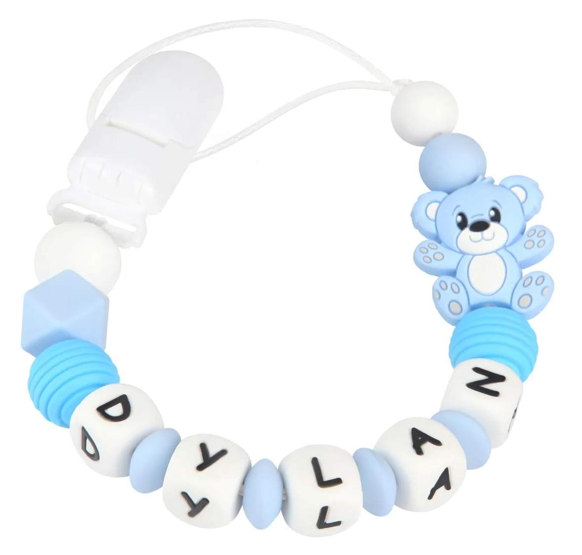 Custom Name Baby Pacifier Chain Clip with Bear Charm
