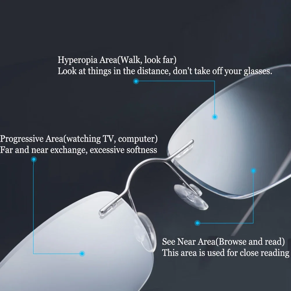NOMANOV =  Titanium Alloy Rimless Progressive Multifocal Reading Glasses See Near And Far ADD +75 100 150 175 200 To 400 6