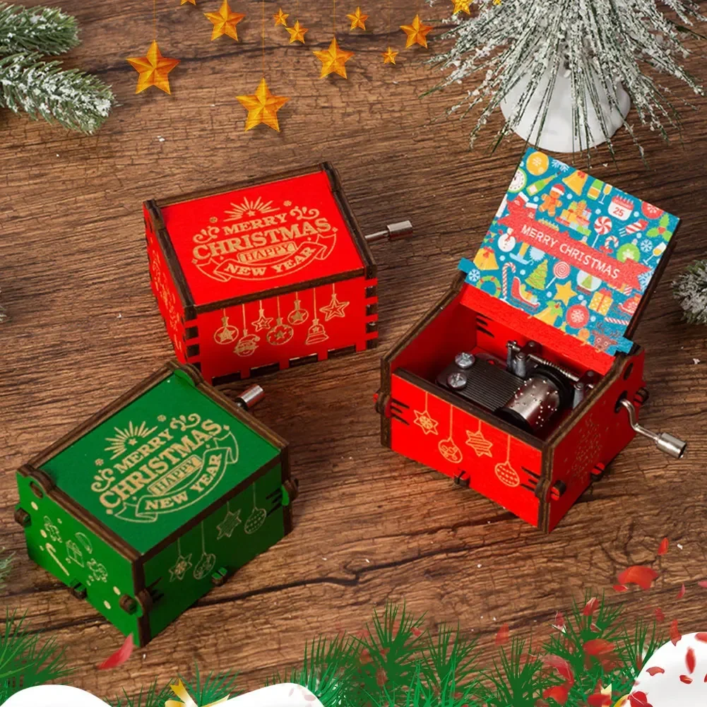 Jingle Bells Music Box Color Printing Wooden Carved Hand Crank Musical Box Birthday Present New Year Christmas Gift