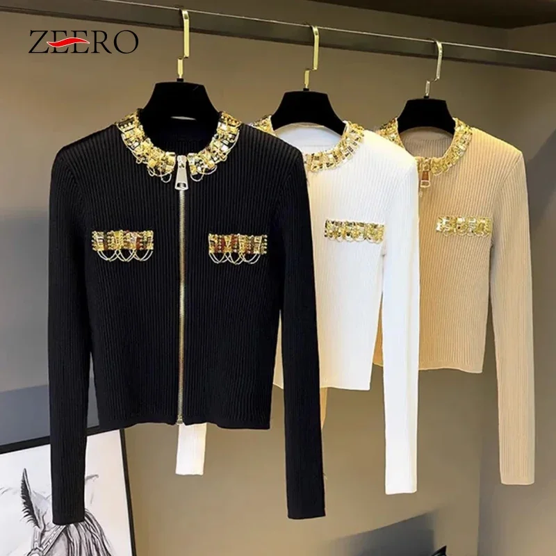 

Women Vintage Black Knit Cardigan Mujer Long Sleeve O Neck Zipper Beading Cardigan Female Elegant Chain Sweater Coat Outerwear