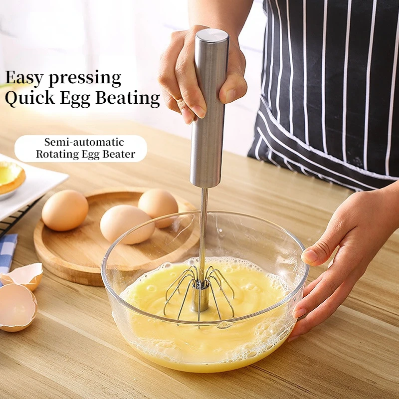 Egg beater Rotary whisk Semi-automatic Egg Beater Stainless Steel Whisk Manual Press Type Rotary Egg Beater Self Turning Stirrer Kitchen Accessories