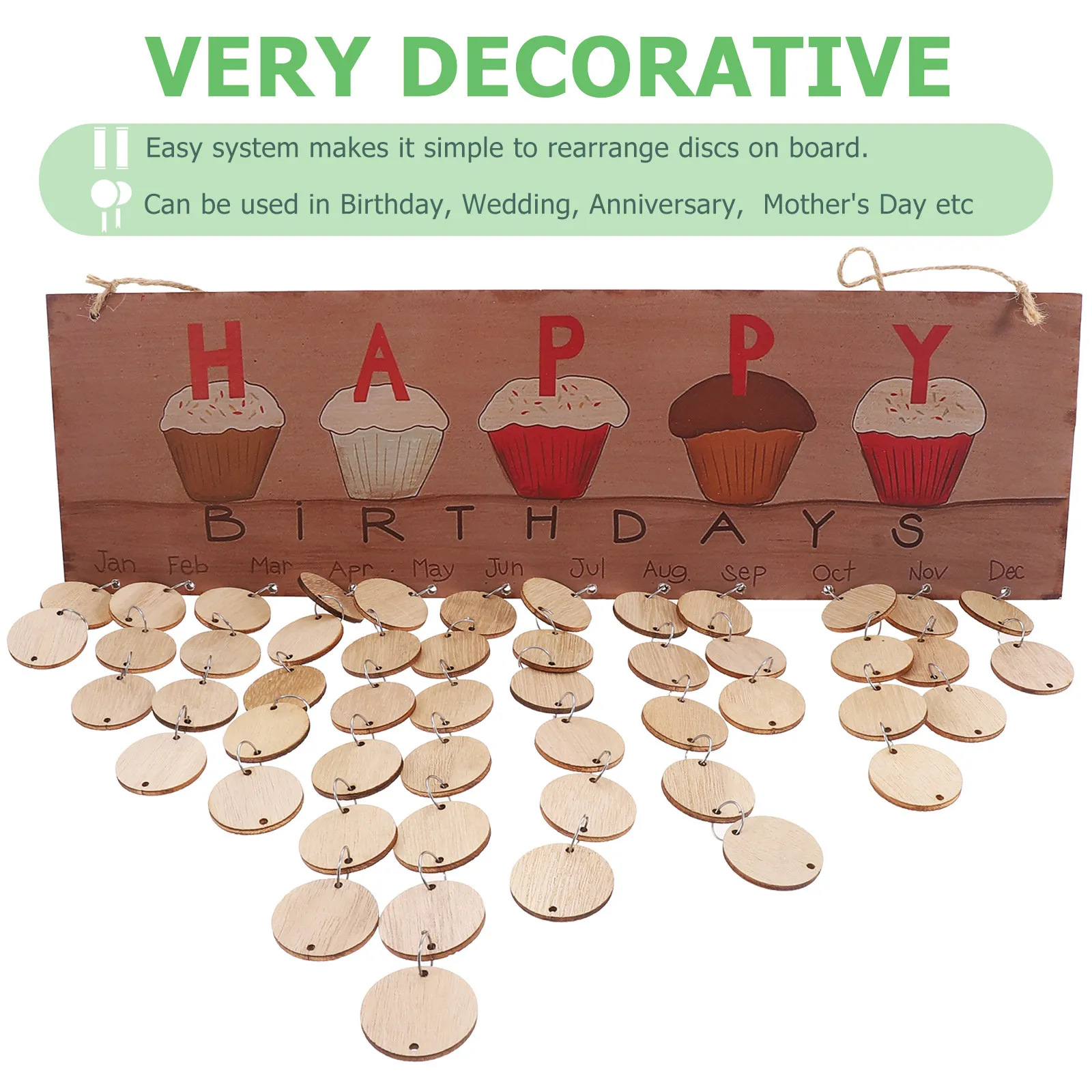 나무 플라크 달력 생일 알림 걸이형 보드 화려한 생일 축하 글자 DIY 홈 데코레이션 1개 로프 50개 나무 조각