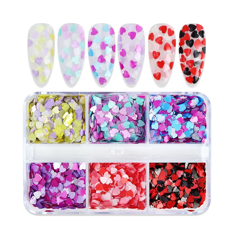 

6 Grids/box Valentine's Day Love Heart Nail Sequins Mixed Color Sparkle Nail Glitter Flakes 3D Nail Art Decorations Accessories