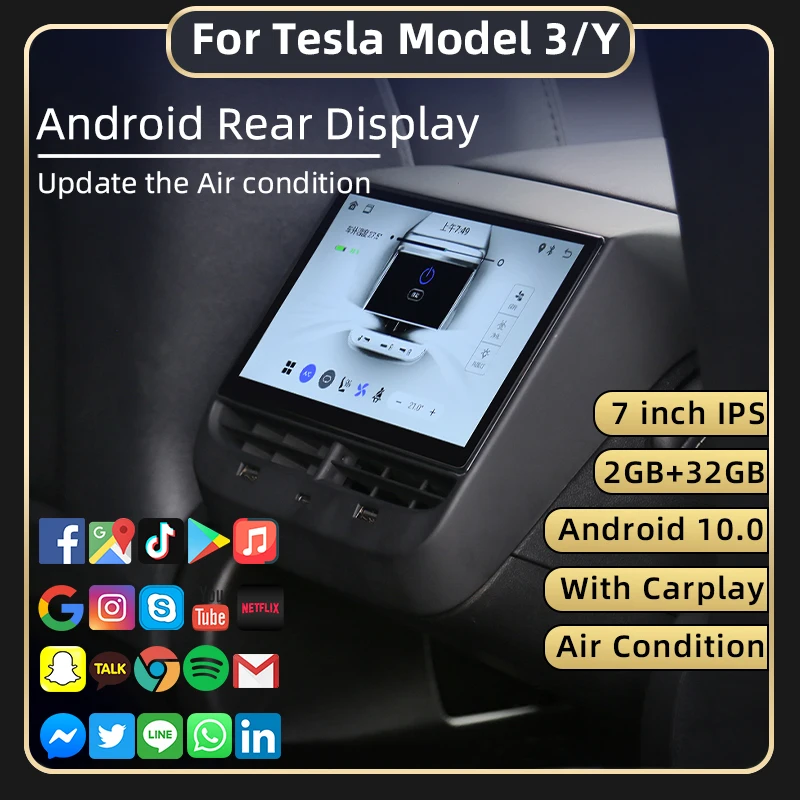 

7 Inch IPS Screen Rear Display Panel for Tesla Model 3/Y Android Air Conditioner Control Multimedia Player CarPlay Auto Music