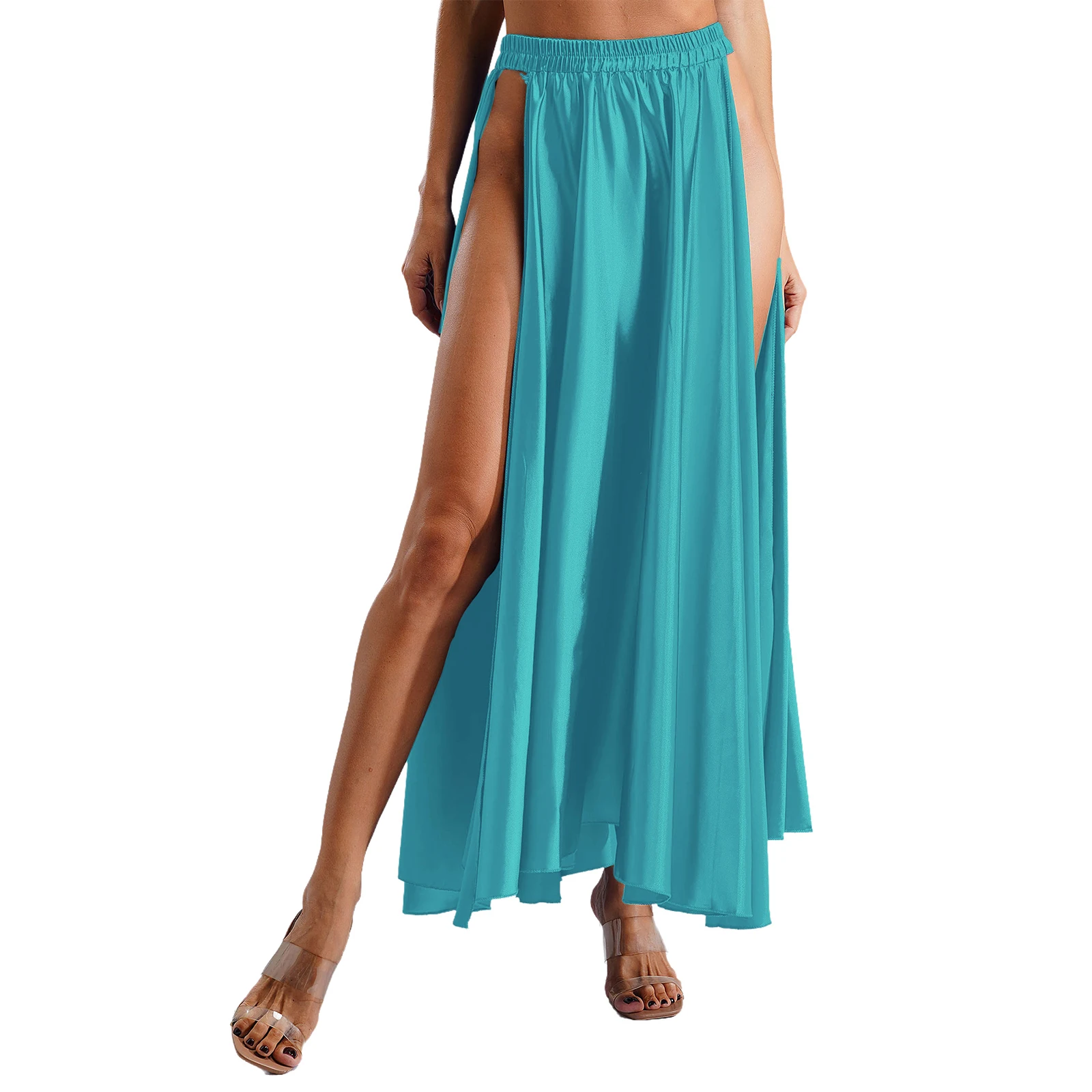 thumbnail image 1 of Falda de baile de satén para mujer, falda con vuelo, cintura elástica, abertura lateral, Maxi falda de Color sólido, vestido de baile Flamenco lírico del vientre español, 1 of 5