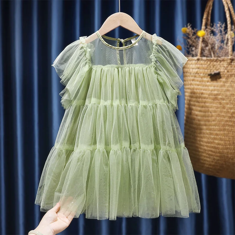 

Children's Clothing Fashion Net Yarn Patchwork Sequined Short SleevePrincess Dress Summer Korean O-Neck Single Button Girls Kids