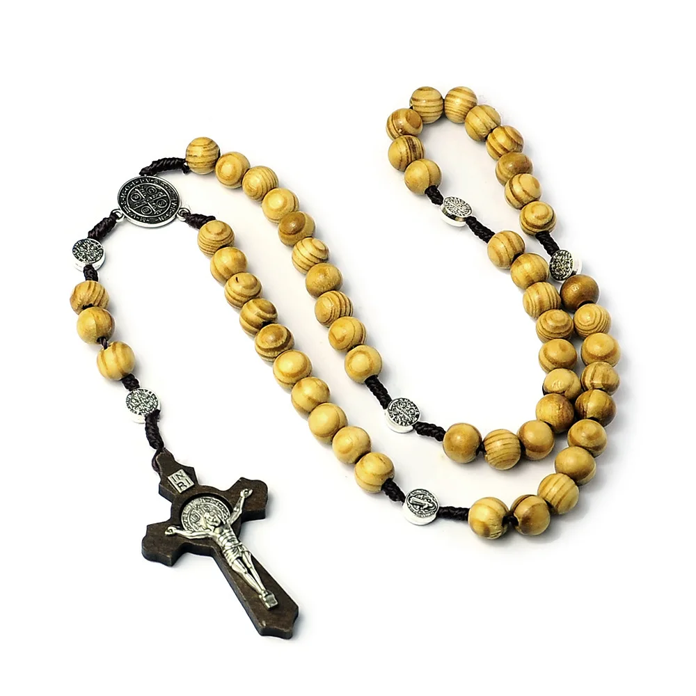 Wooden Rosary Necklace With Cross - 10x7mm Brown Wood Beads, 52cm + 11cm Chain For Men & Women