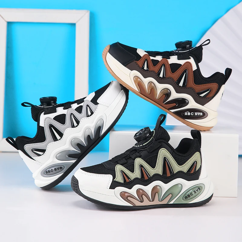 Children's Casual Sneakers Anti-slip Boys Sports Shoes Spring New Mesh Breathable Rotating Button Kids' Running Shoes 5