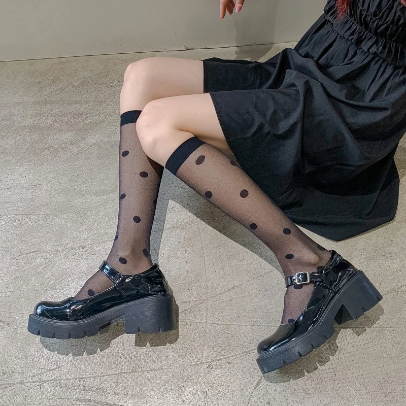 

Girl's Black JK Tube Socks Stockings Japanese Jacquard Cored Silk Calf Big Polka Dot Ultra-Thin Millennium