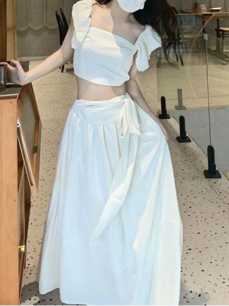

2023 Summer White Elegant Casual 2 Piece Set Designer Korean Strappy Skirt Suit Women Sweet Fashion Party Midi Skirt Set Female