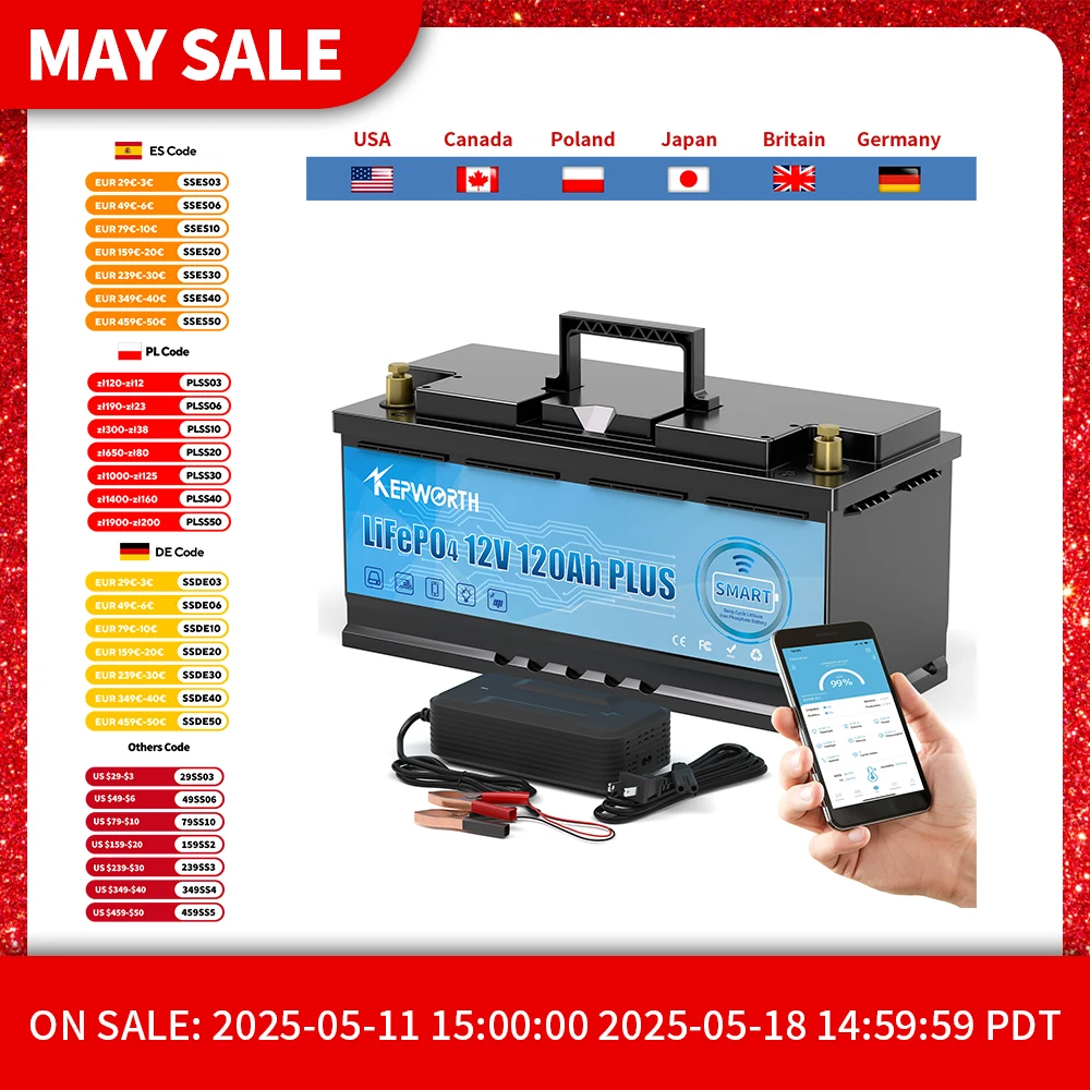 12V 120AH Series or Parallel LiFePO4 Storage Battery Built-in Bluetooth BMS Lithium Power Batteries For RV Campers Golf Cart