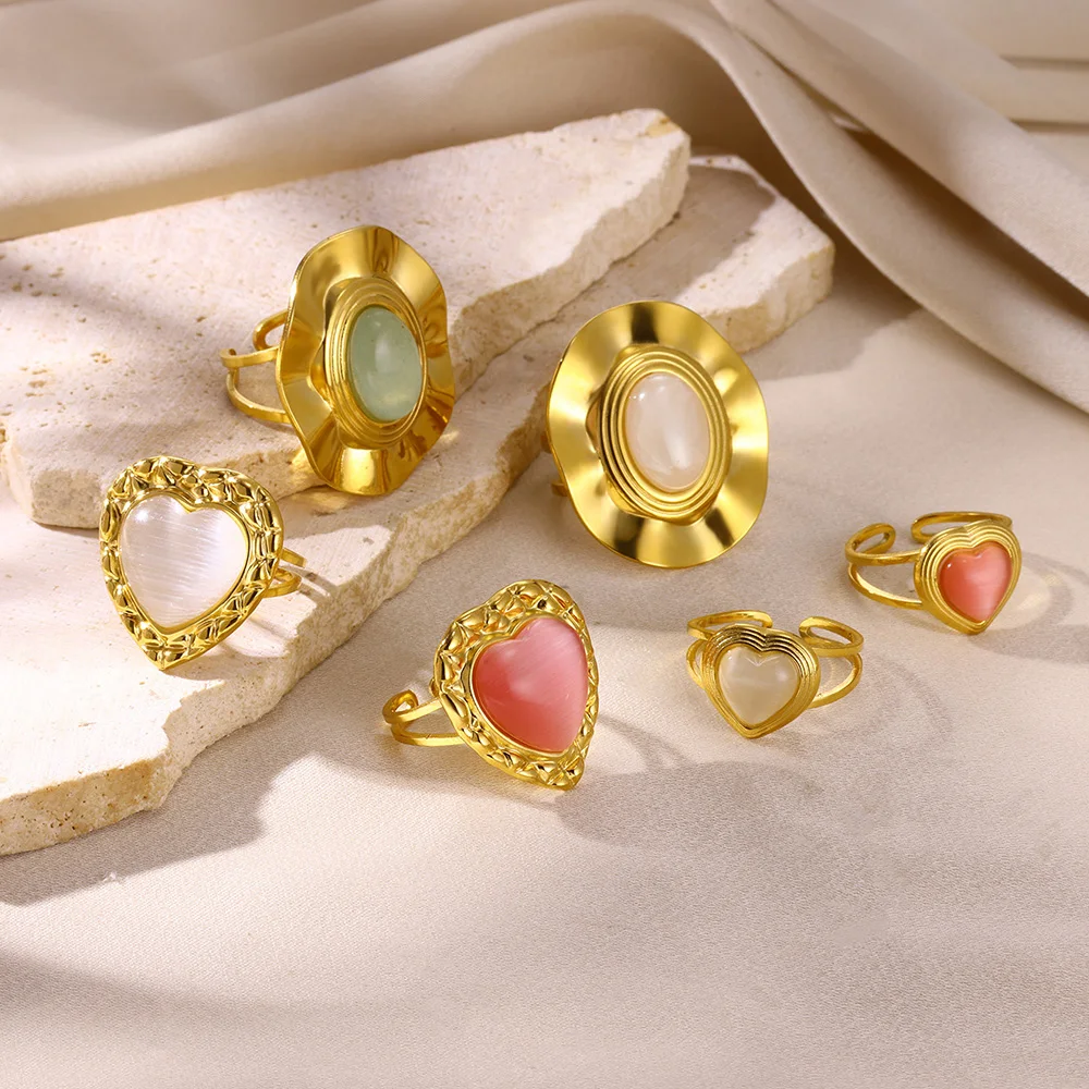Natural Stone Heart Ring For Women Gold Color Stainless Steel