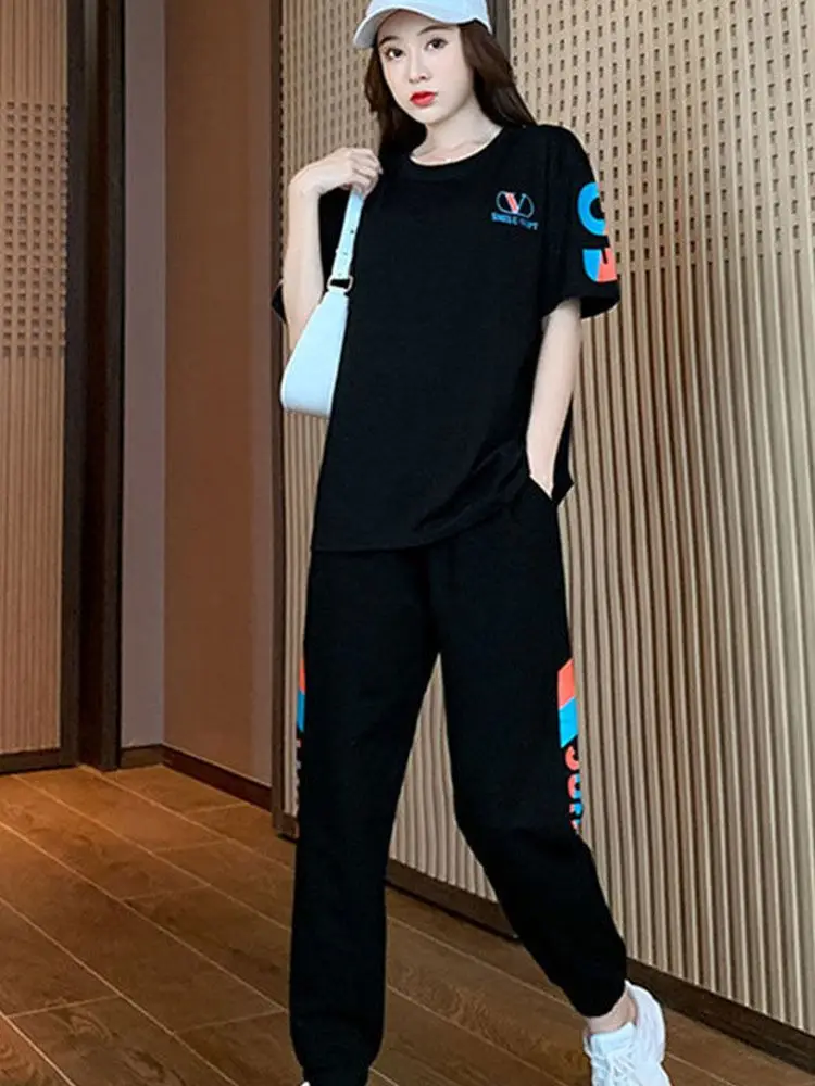 Short Sleeve Tshirt + Sporty Pants Women Suit Summer Clothing 2022 Sports  Suit Loose Korean Casual Top Pants Two-piece Trendy