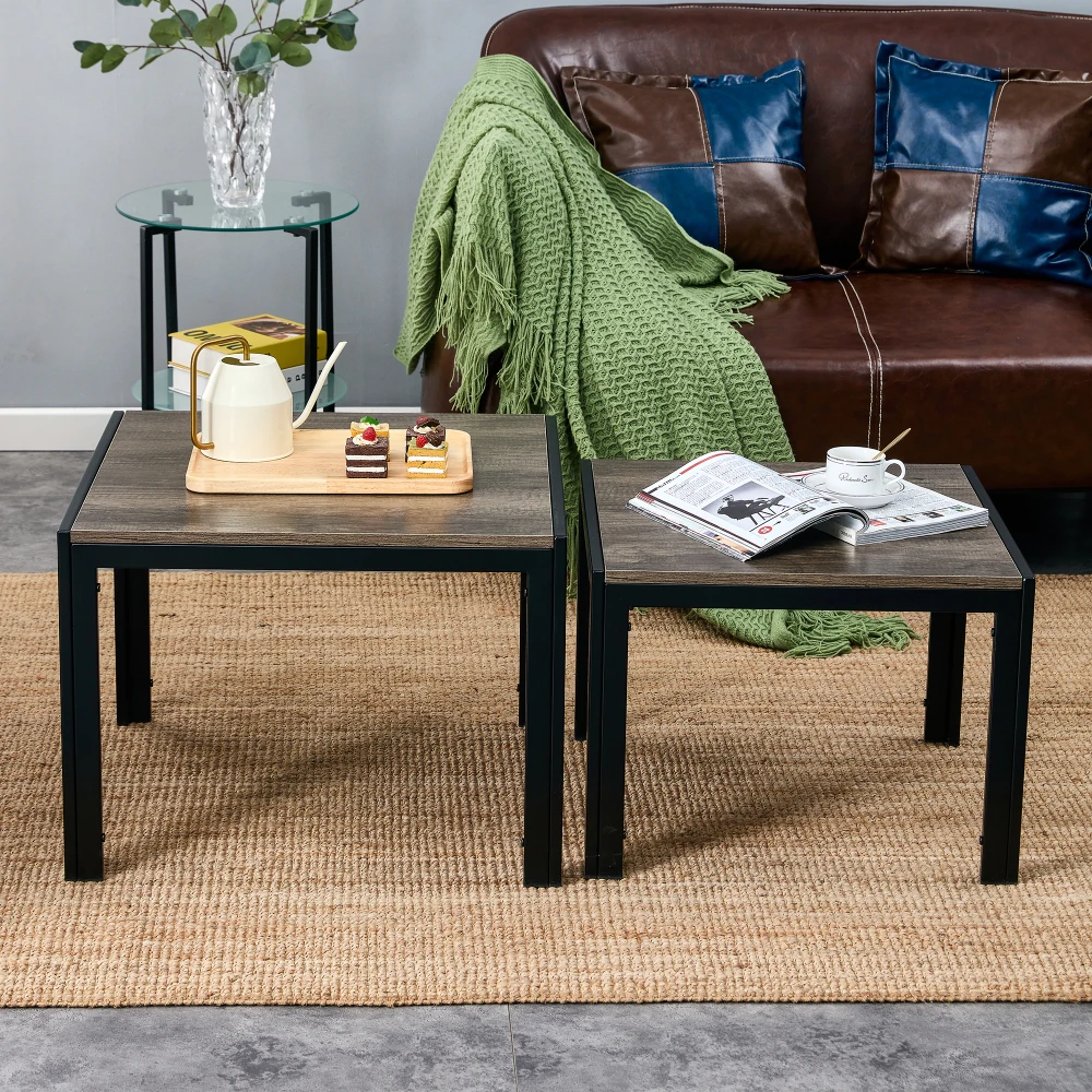 Nesting Coffee Table Set of 2, Square Modern Stacking Table with Wood Finish for Living Room, Oak Grey 2